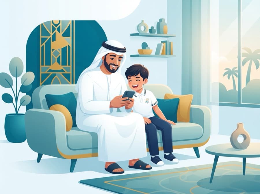 أبٌ وابنُه يطّلعانِ على الهاتفِ في البيت