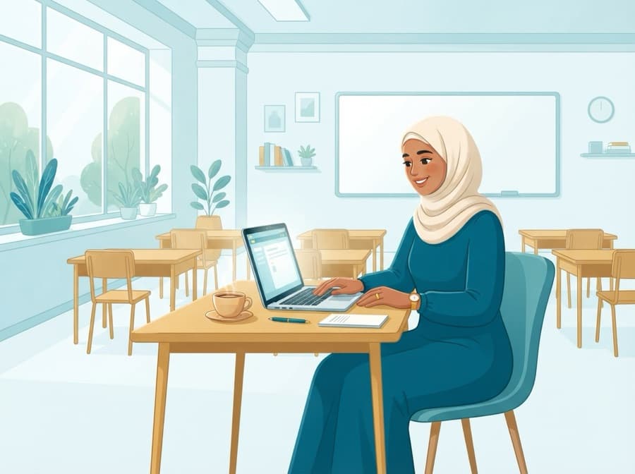 معلّمةٌ تعملُ على حاسوبِها في فصلٍ هادئ