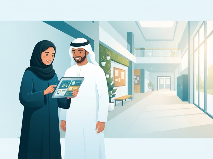 مديرةُ مدرسةٍ ومعلّمٌ يطّلعانِ على تقريرٍ في جهازٍ لوحيّ